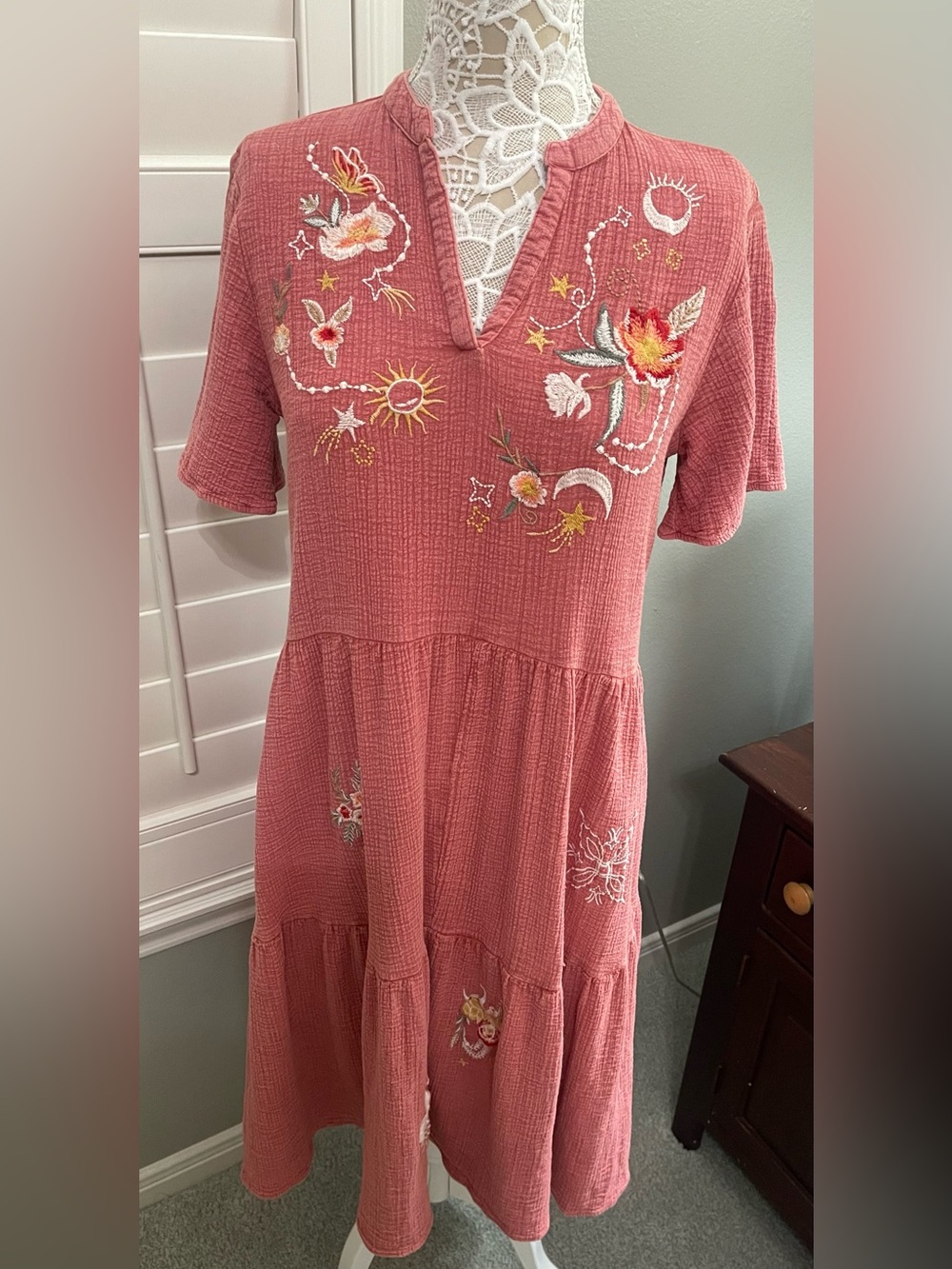 Kyla Seo Embroidered V-Neck Tiered Midi Dress in Dusty Rose